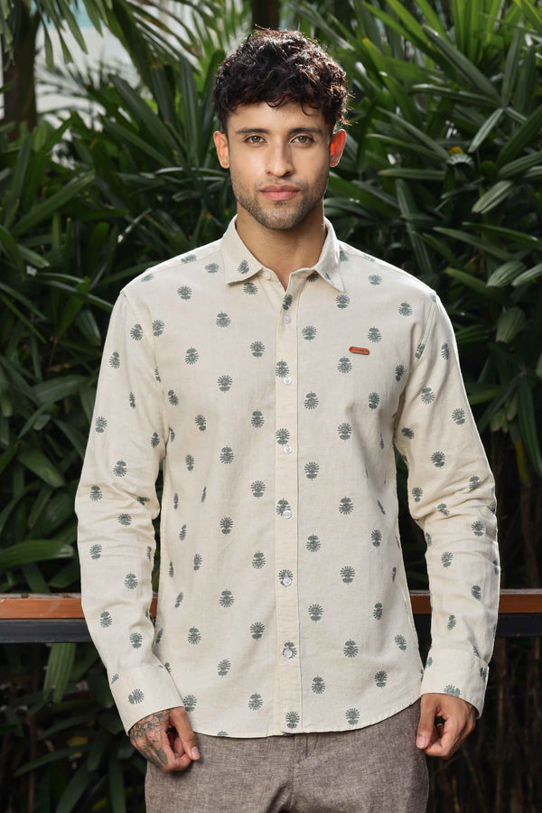 Mens Full Arm Cotton Linen Digital Beige Printed Shirt