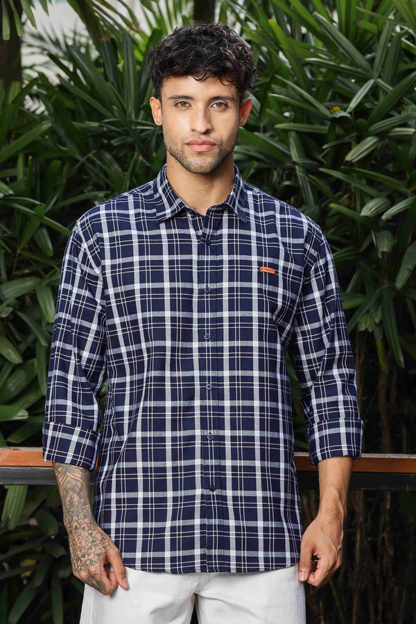 Mens Full Arm Cotton Smart Dark Navy Blue Checks Shirt