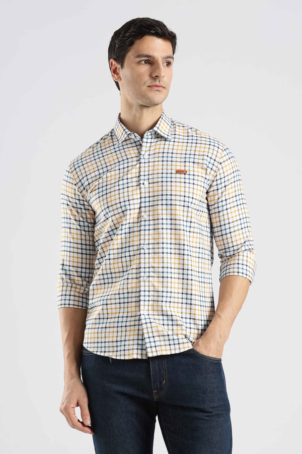 Mens Full Arm Cotton Smart Casual Yellow Navy Checks