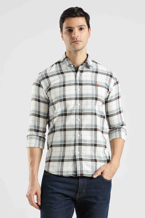 Mens Full Arm Cotton Smart Casual Blue Brown Yarn Dyed Checks