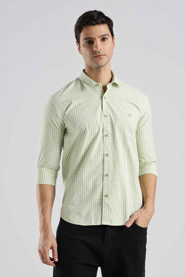 Mens Full Arm Cotton Smart Casual Light Green Checks Shirt